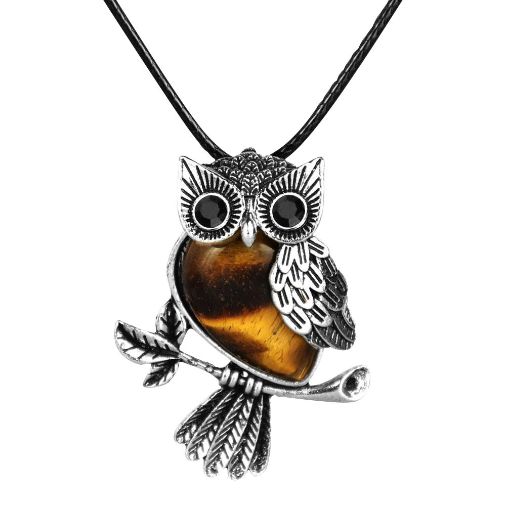 Silver Owl Necklace with Amber Stone on Black Cord, Front View, 18-inch Length