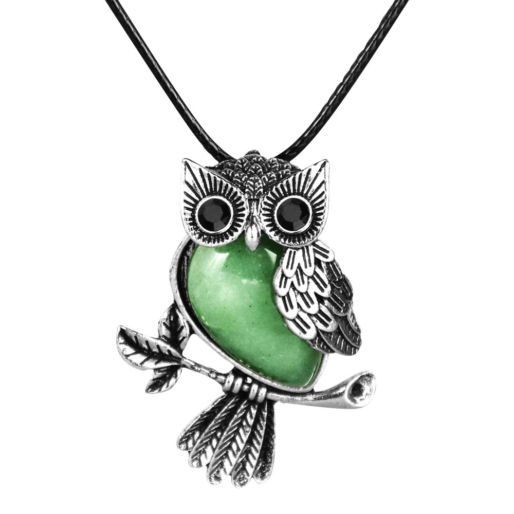 Silver Owl Necklace with Green Semi-Precious Stone on Black Cord, Front View