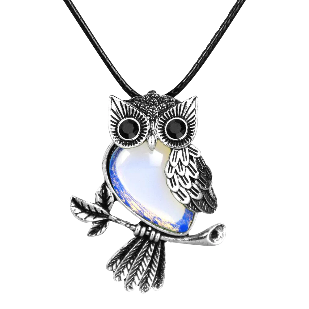 Silver Owl Necklace with Semi-Precious Stone and 18" Chain - Front View
