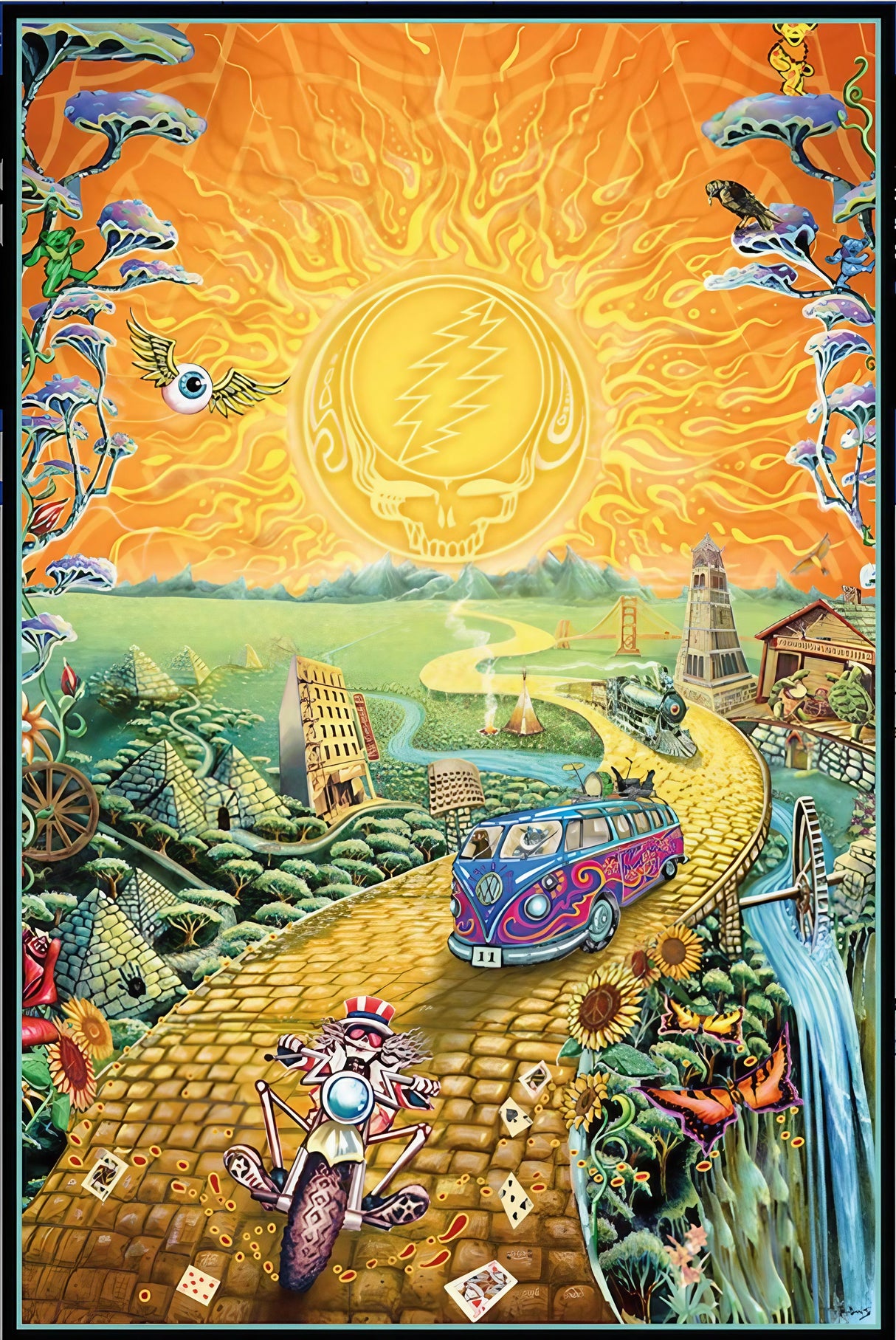 Colorful Skeleton Chopper and Bus Poster, 24" x 36", Vibrant Home Decor Art