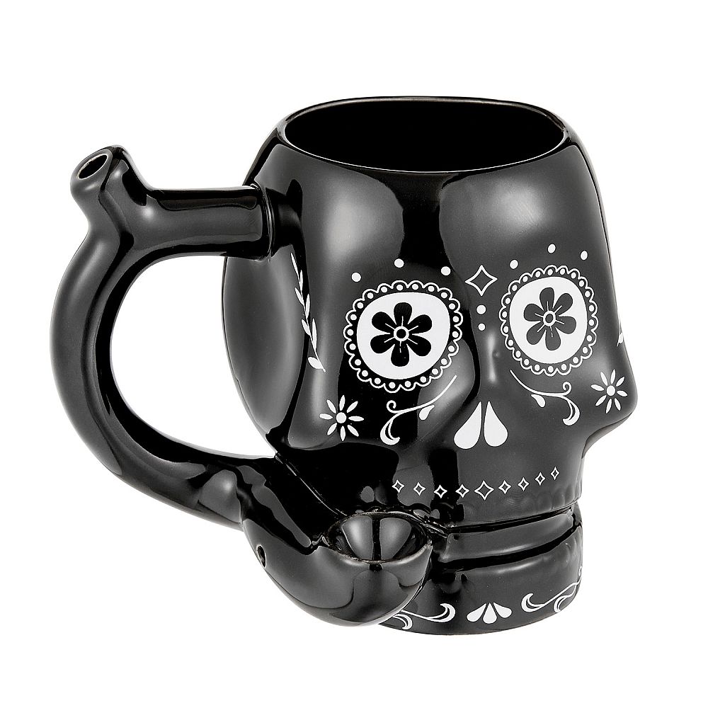 Fantasy Ceramic Skull Mug Pipe in Black with White Trim, Novelty Hand Pipe, Front View