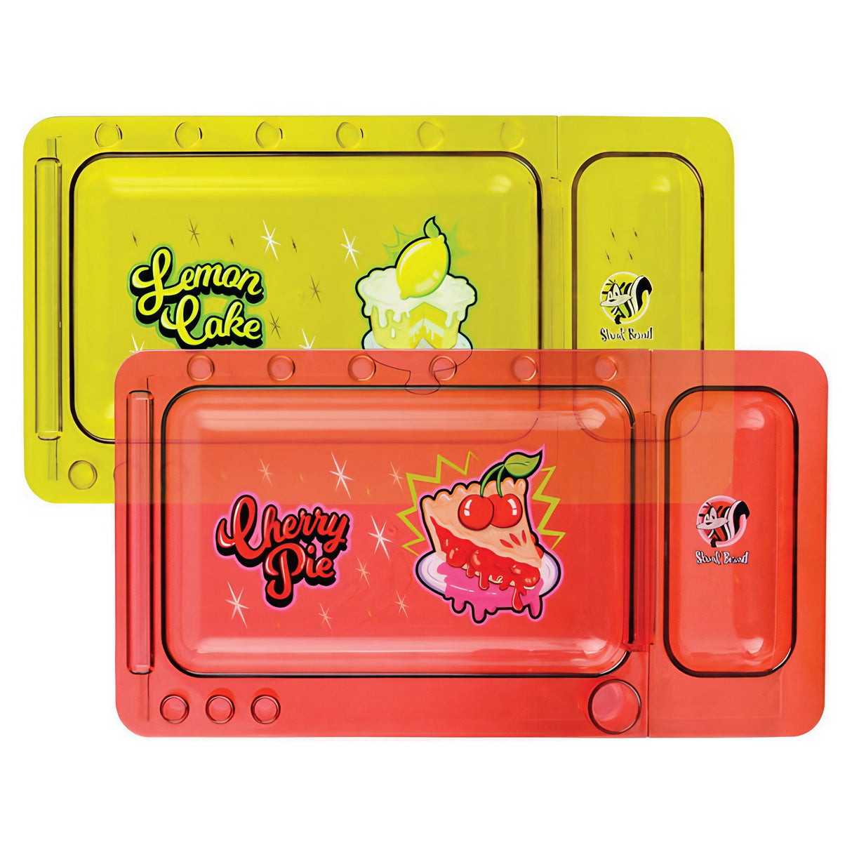 Skunk Brand Rolling Trays in red and yellow with fun dessert designs, compact and portable
