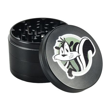 Skunk Brand Shredder Grinder in Black - 4-Part Compact Aluminum Design with Novelty Skunk Graphic