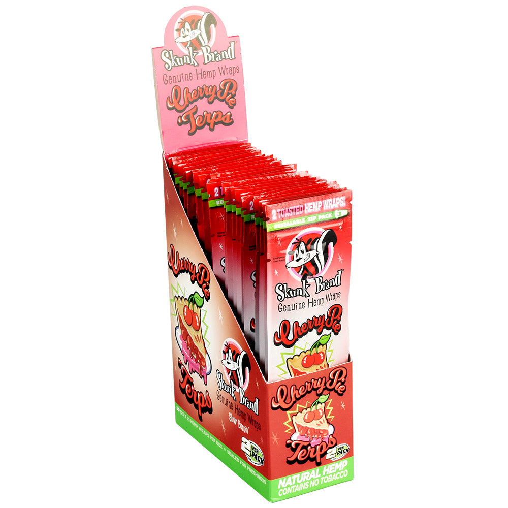 Skunk Brand Terp Hemp Wraps in Cherry flavor, 25-Pack display box, front view, portable and flavored