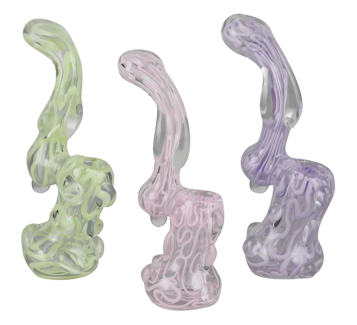 Assorted pastel-colored Slime Glass Bubblers for dry herbs, 5.5" size, displayed in a row