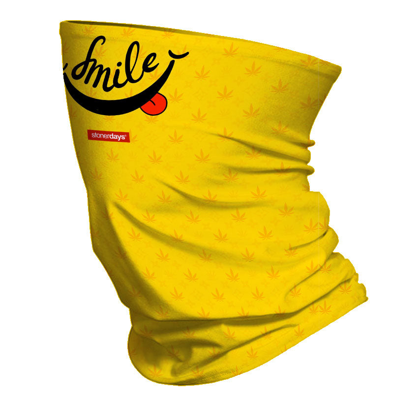 StonerDays Smile Neck Gaiter in yellow with cannabis leaf pattern, side view on white background