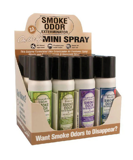12-pack Smoke Odor Exterminator Spray in assorted scents, front view display box