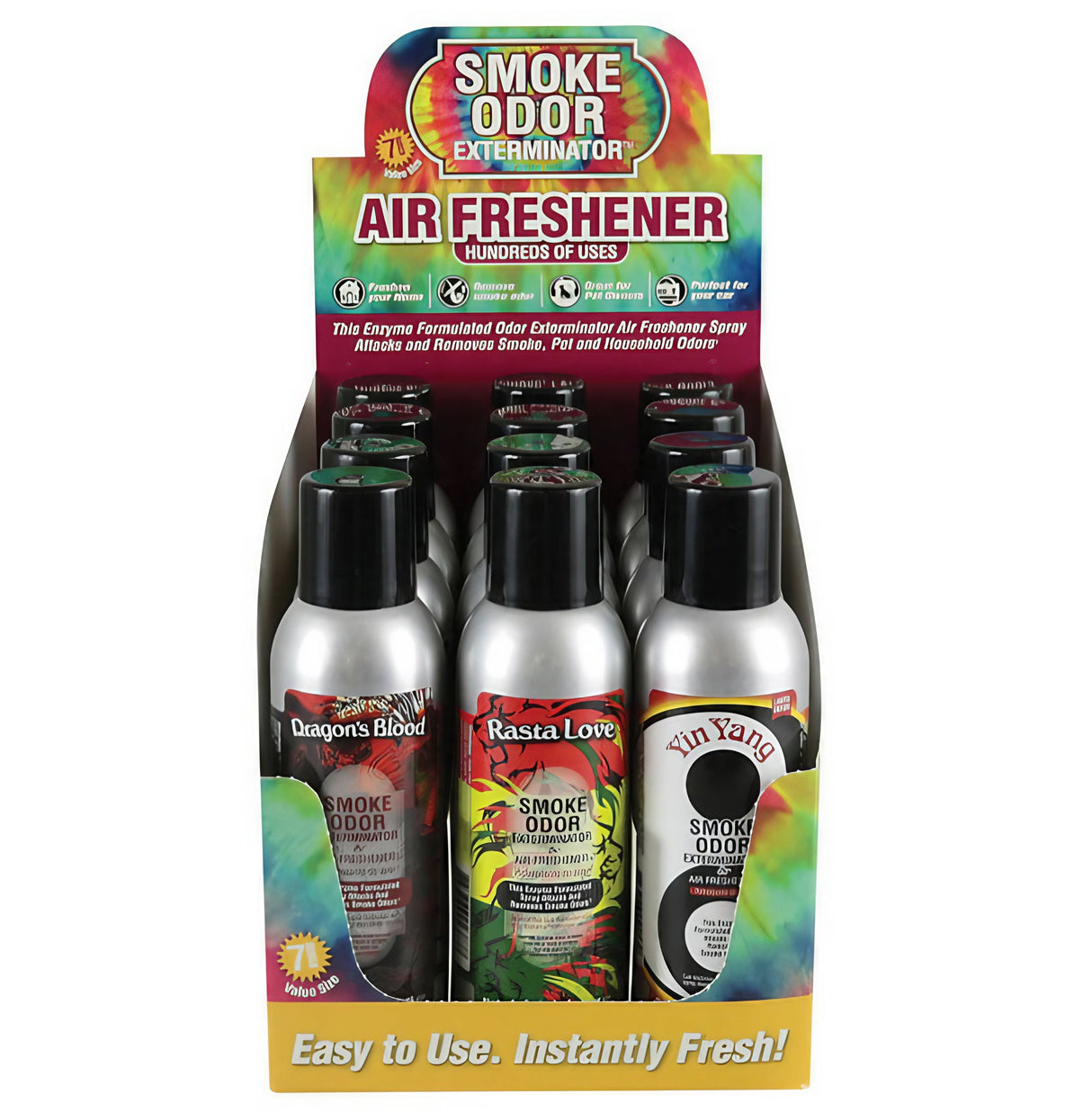 Smoke Odor Exterminator Spray 12 Pack in assorted scents, front view of colorful display box