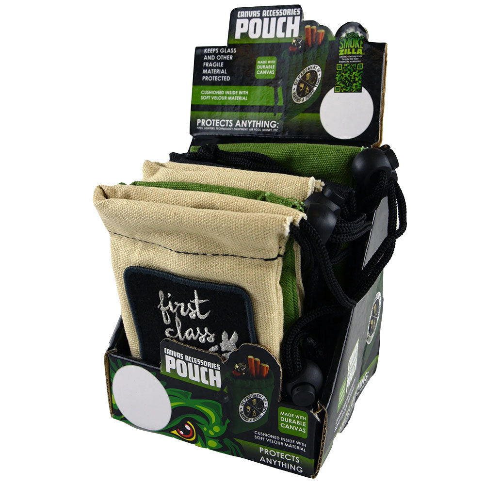 Smokezilla canvas accessory pouches in assorted colors on display, portable with fun patches