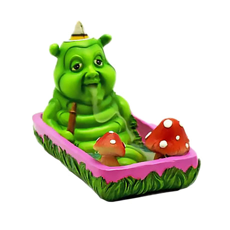 Smoking Caterpillar Backflow Incense Burner with vibrant colors, front view on white background