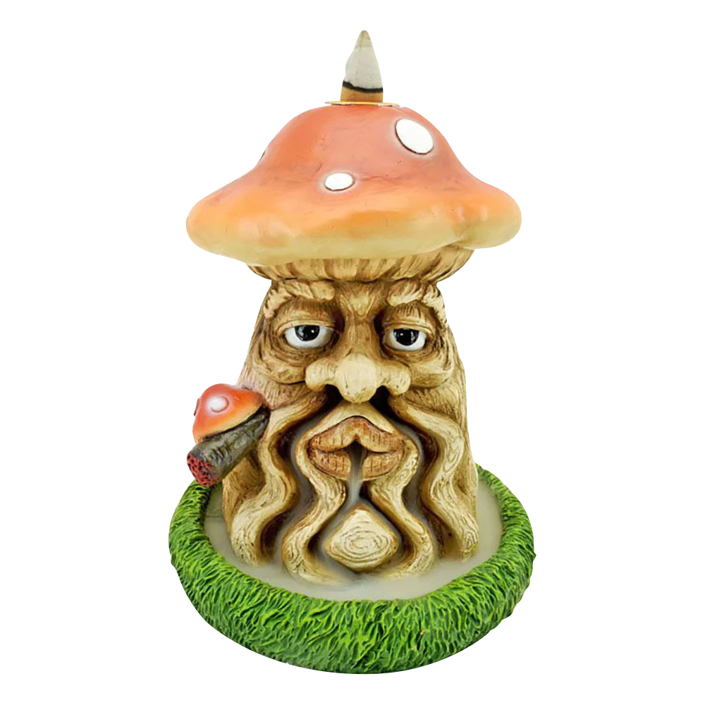Polyresin Smoking Mushroom Man Incense Burner, 6" size, Front View on Seamless White