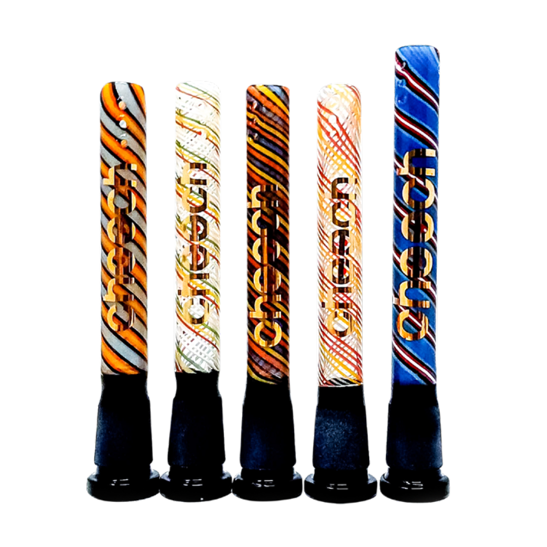 Cheech Glass Heady Downstems in various designs, front view on white background