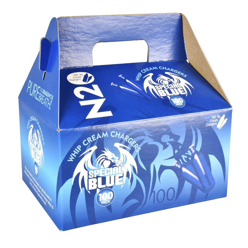 Special Blue Cream Chargers 100 Pack in blue box with convenient carry handle, compact design