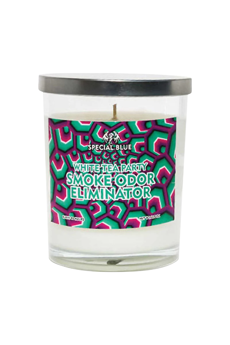 Special Blue Odor Eliminator Candle, 14.8 oz with Psychedelic Design, Front View