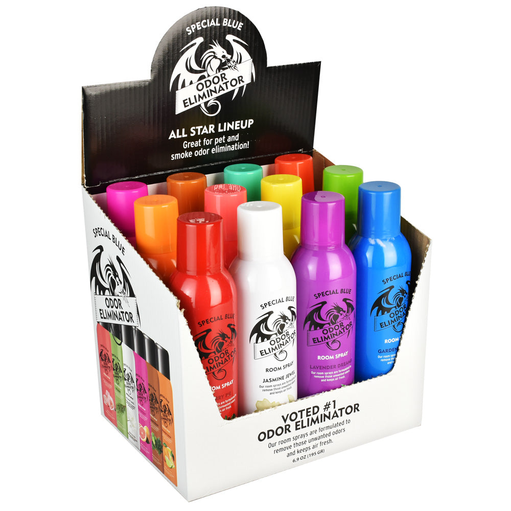 Special Blue Room Spray display with assorted scents in colorful bottles, compact design