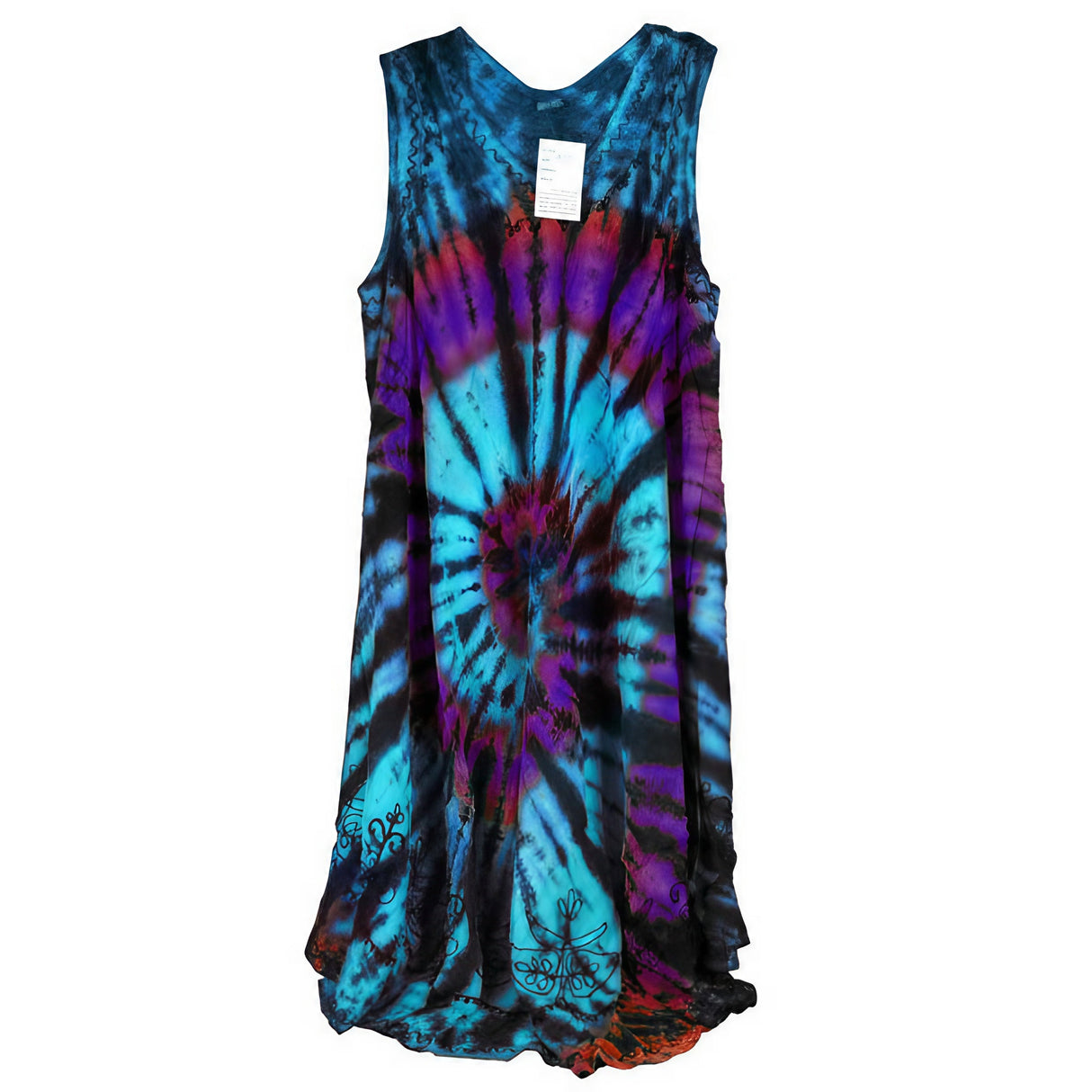 Spiral Tie Dye Dress in vibrant blue and purple hues, 41" length, one size fits all, front view