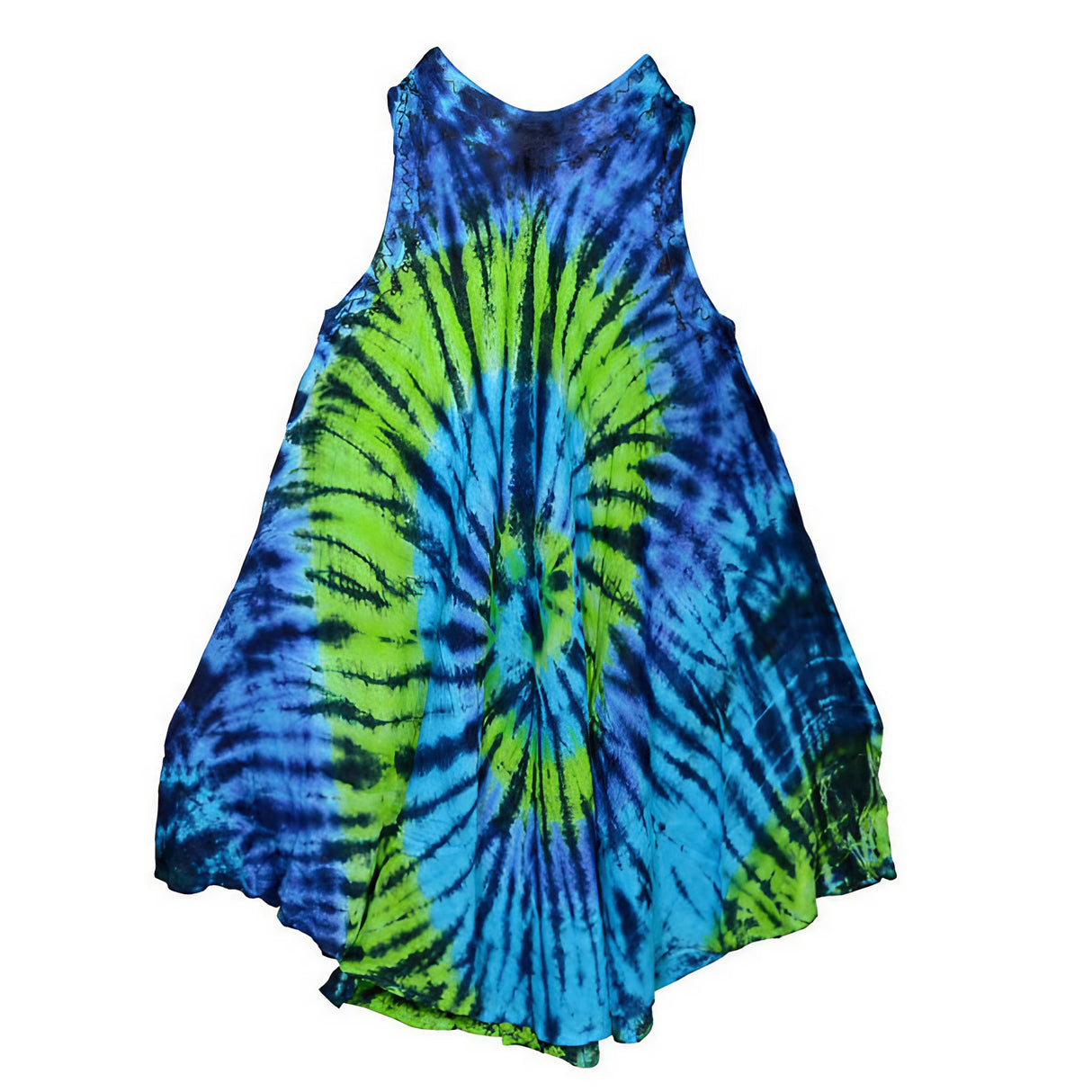 Colorful Spiral Tie Dye Dress in One Size, Front View on Seamless White Background