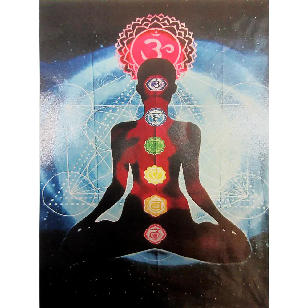 Spiritual Meditation Chakra Tapestry with colorful symbols, 55"x85" cotton, front view