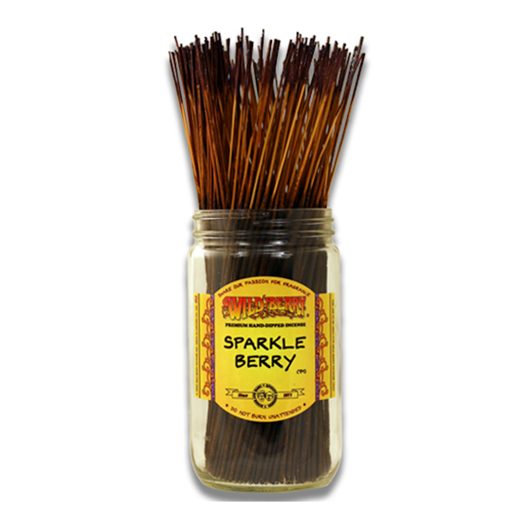 Wild Berry Incense Sticks - 100 Pack in Sparkle Berry scent, displayed in a clear jar, front view