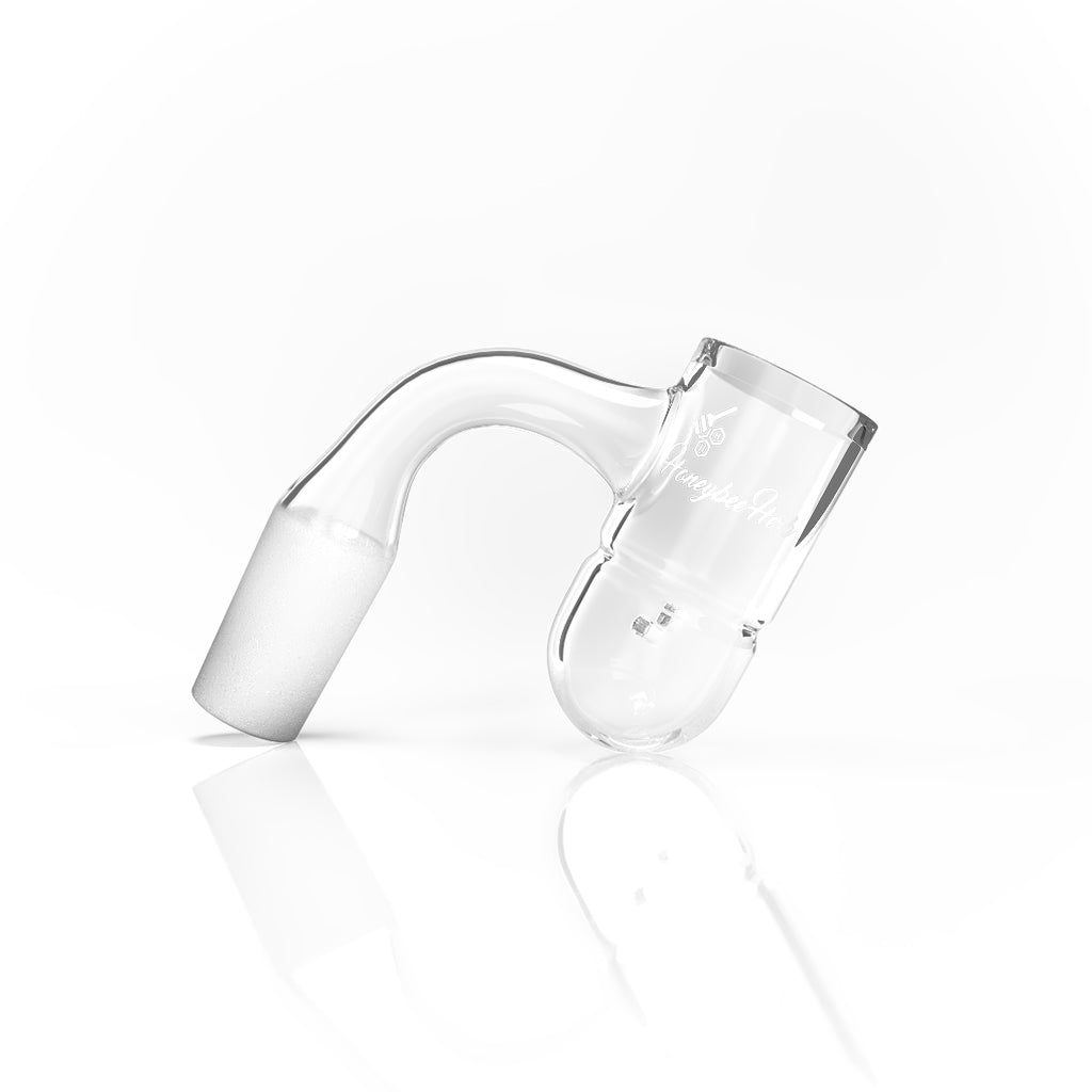 Honeybee Herb Splash Bucket Whirlwind Quartz Banger at 90Β° angle, 14mm male joint, clear design