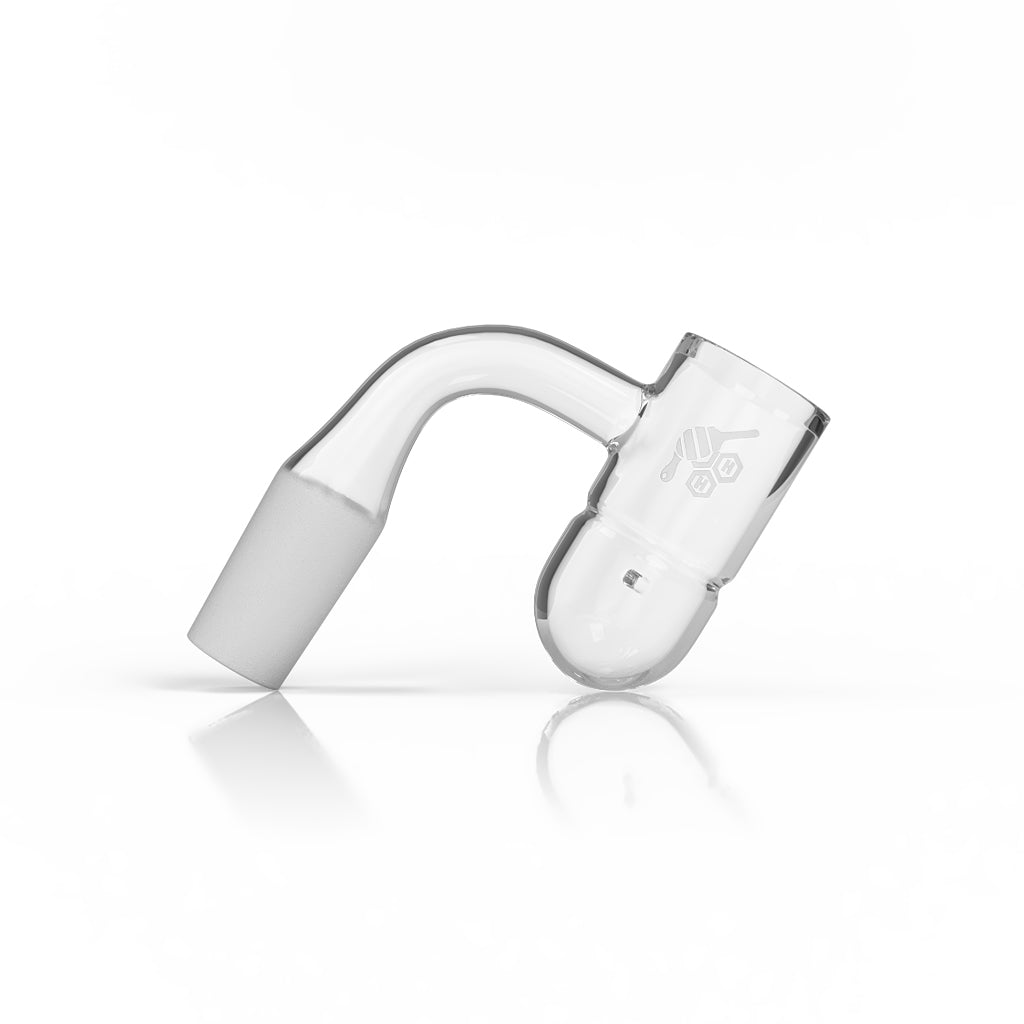 Honeybee Herb Splash Bucket Whirlwind Quartz Banger at 90Β° angle, 14mm male joint, clear design, side view