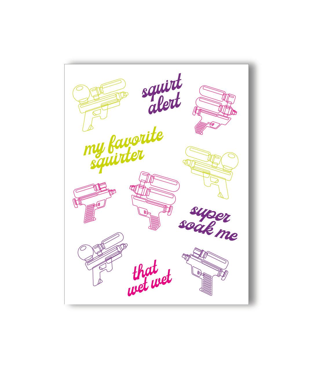 KKARDS Squirt Alert Card featuring colorful water gun graphics and playful phrases, front view