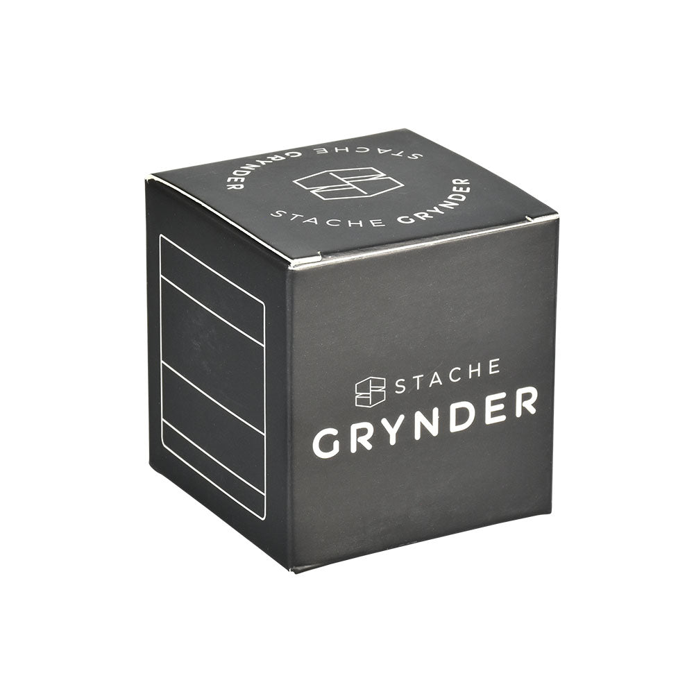 Stache Products Grynder packaging, black 5pc compact herb grinder box, front view