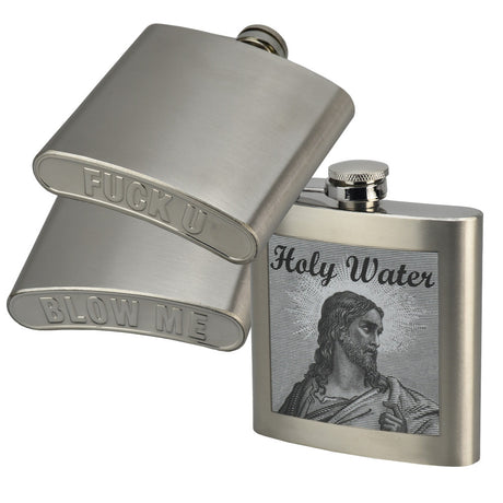 Two 6oz stainless steel flasks with humorous engravings, front angled view
