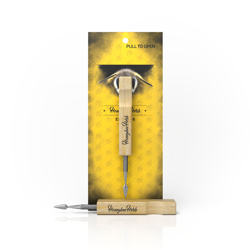 Honeybee Herb Wooden Dab Tool with sleek design, front view on branded packaging