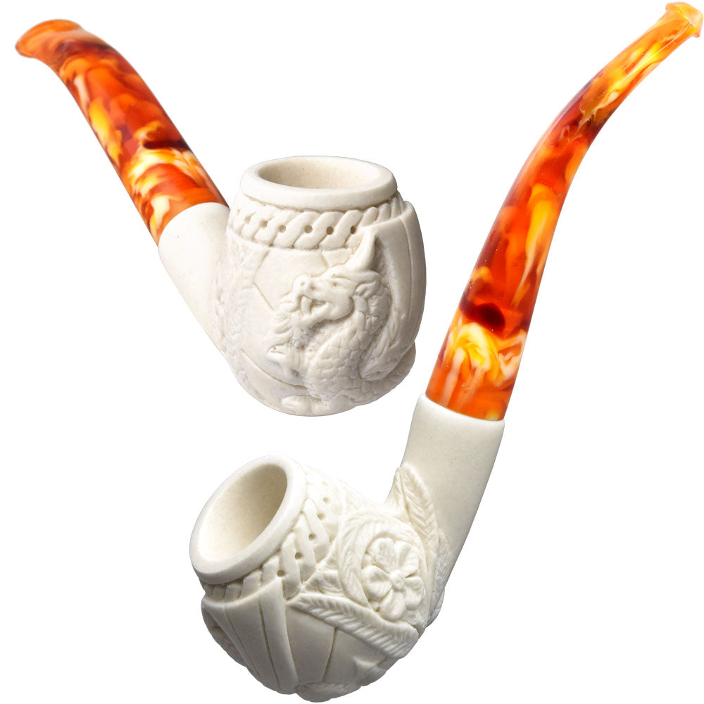 5.5" Meerschaum Stone Hand Pipe with Embossed Dragon Design and Amber Swirl Stem