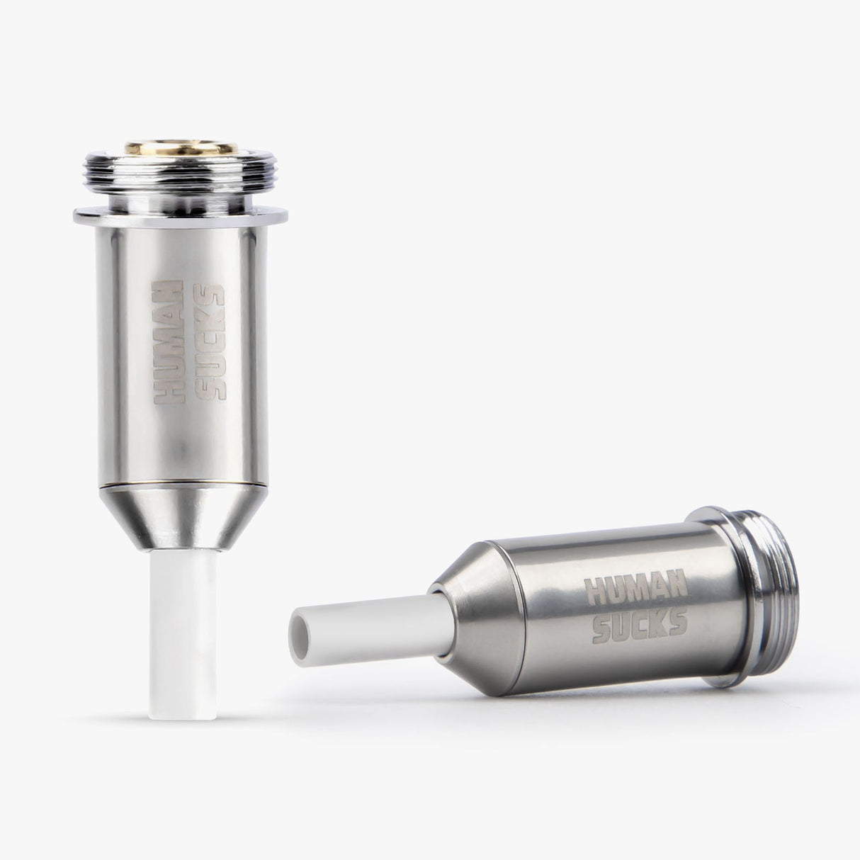 HUMANSUCKS STINGER 2 Tip - Dual Quartz Dab Tips with Logo - Isolated Side View