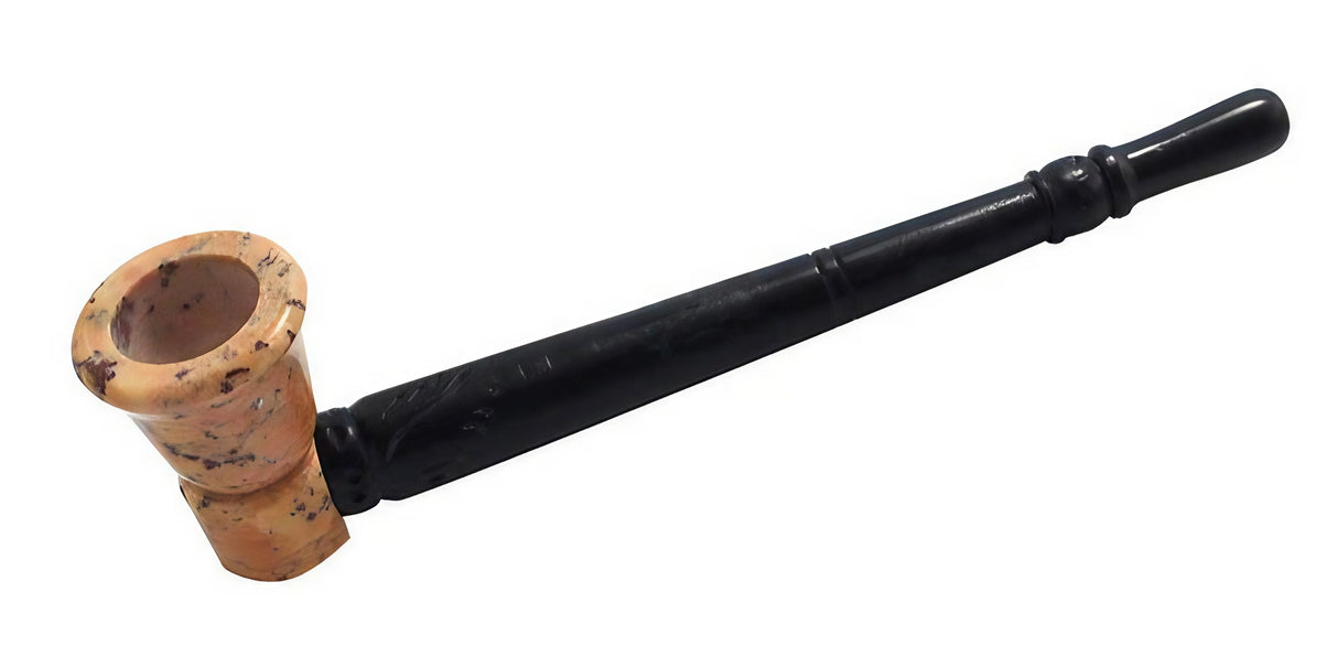 6" Stone Pipe with Wooden Stem, Heavy Wall Design, Side View on White Background