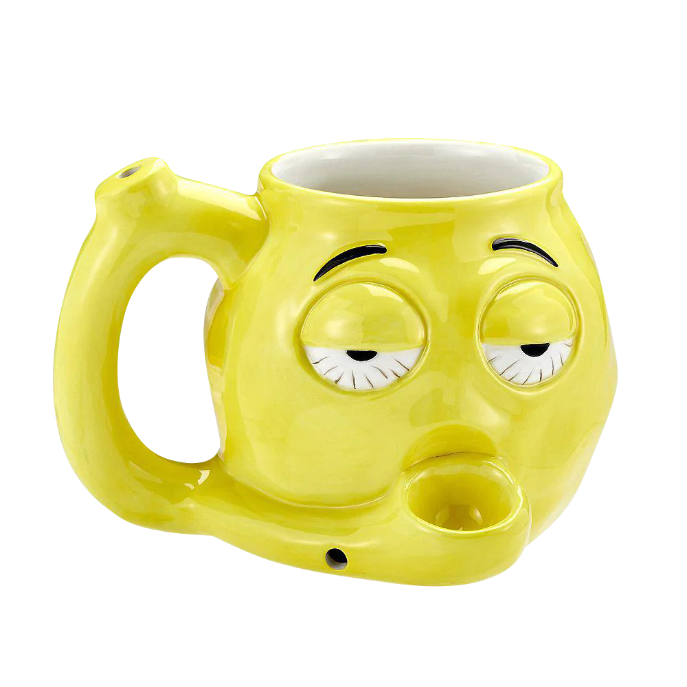 Rasta-colored Stoned Emoji Roast & Toast Ceramic Mug Pipe, 18oz, Front View on White Background