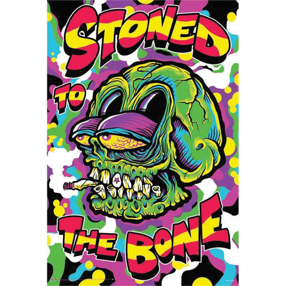 Stoned to the Bone Blacklight Poster with psychedelic UV reactive design, 24" x 36" frontal view