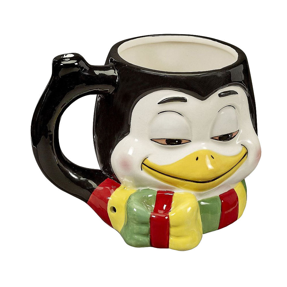 Stoner Penguin Ceramic Pipe Mug, 16oz with whimsical design, front view on white background