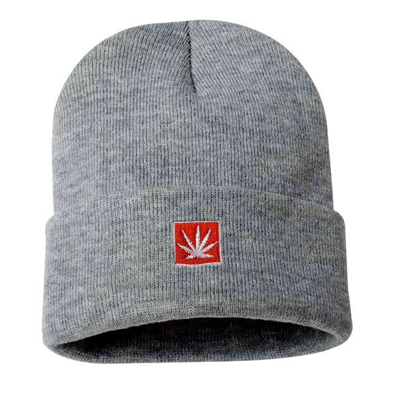 StonerDays 12" Knit Heather Grey Beanie with Red Leaf Logo - Front View