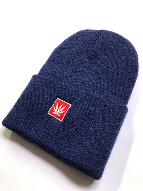 StonerDays 12" Knit Navy Blue Beanie with red leaf logo, front view on white background