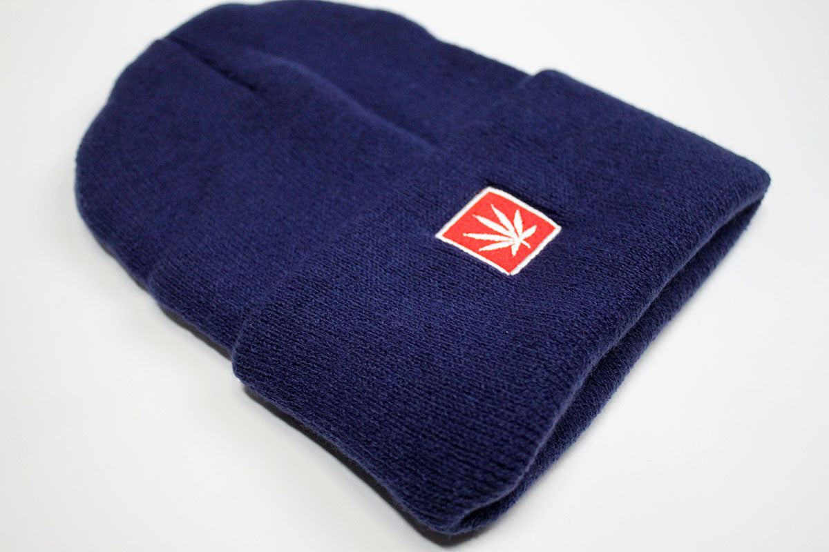 StonerDays 12" Knit Navy Blue Beanie with Red Leaf Logo, Front View on White Background