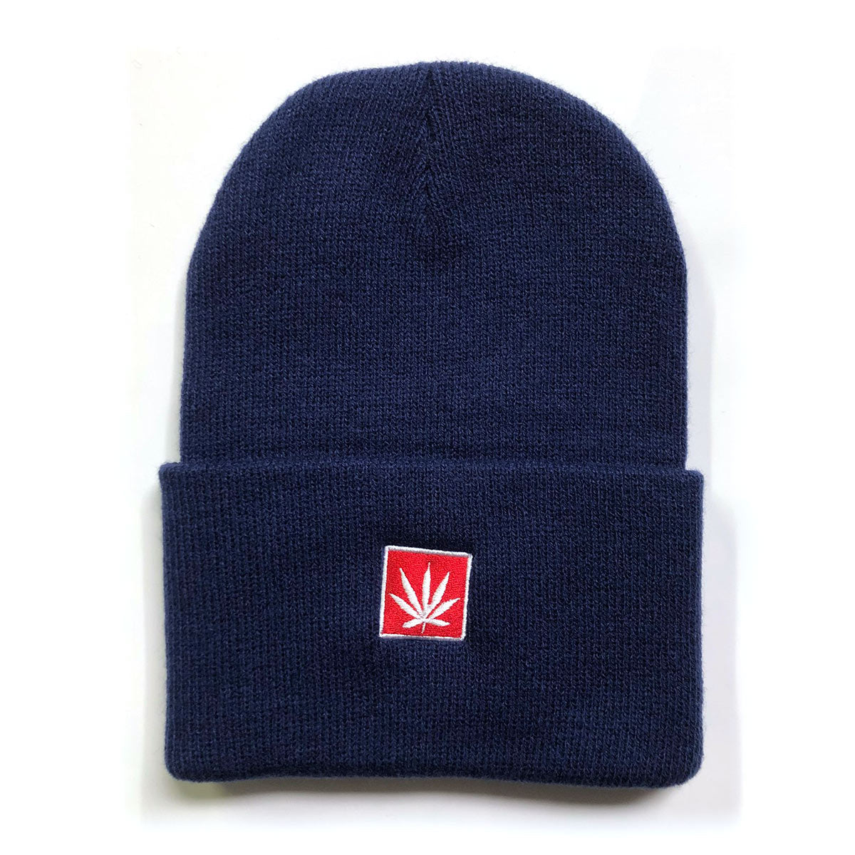 StonerDays 12" Knit Navy Blue Beanie with white cannabis leaf logo, front view on white background