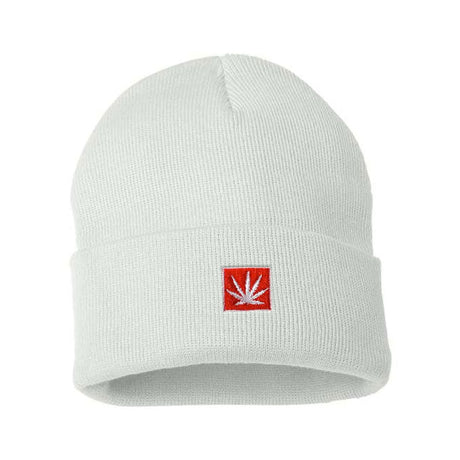 StonerDays 12" Knit White Beanie with Red Leaf Logo, Acrylic Material, Front View