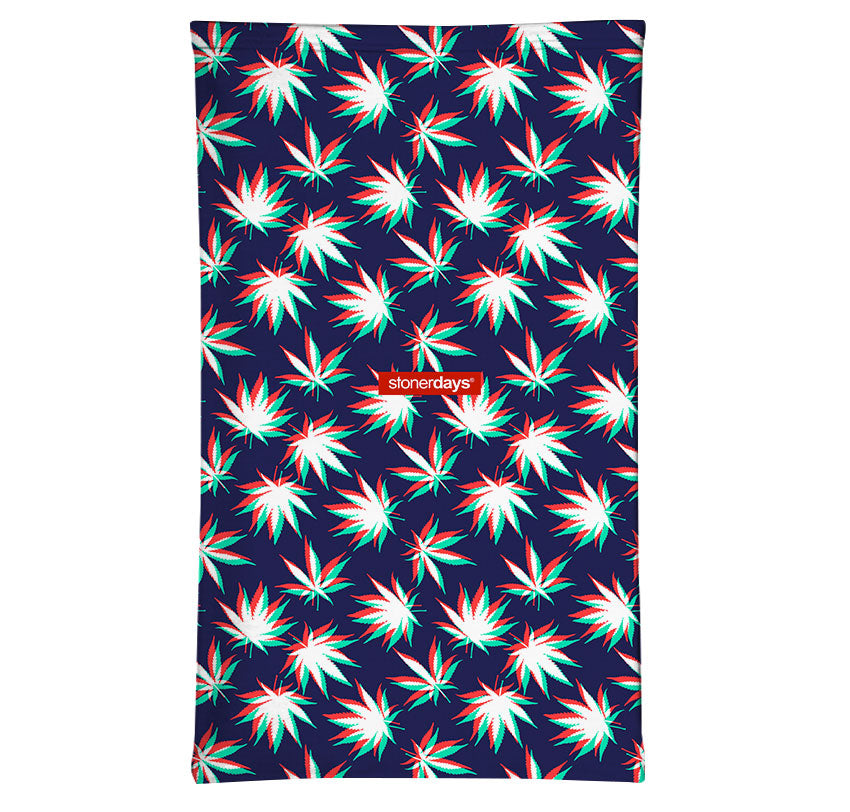 StonerDays 3D Trees Neck Gaiter featuring vibrant cannabis leaf design on a dark background