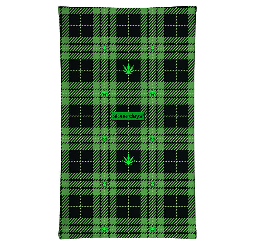 StonerDays Plaid Pack green and black scarf with logo, top view on white background
