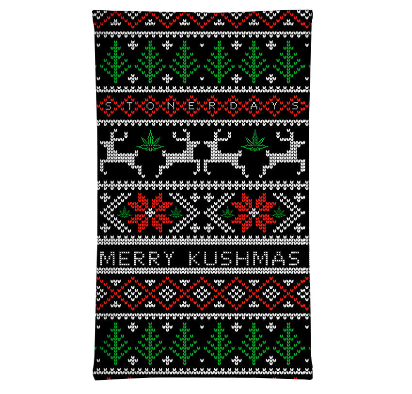 StonerDays Plaid Pack featuring a festive cannabis-themed scarf with 'Merry Kushmas' text