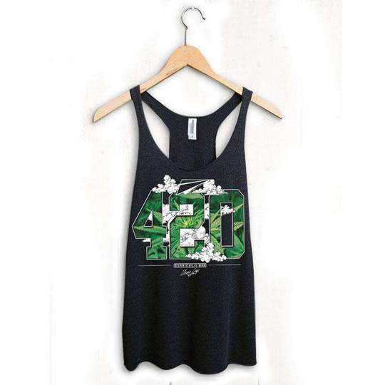 StonerDays 420 Paper Planes Racerback tank top, green print on black, hanging front view