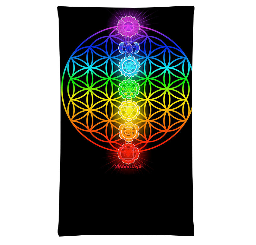 StonerDays 7 Chakras Neck Gaiter featuring UV Reactive Polyester Material, Front View on White Background