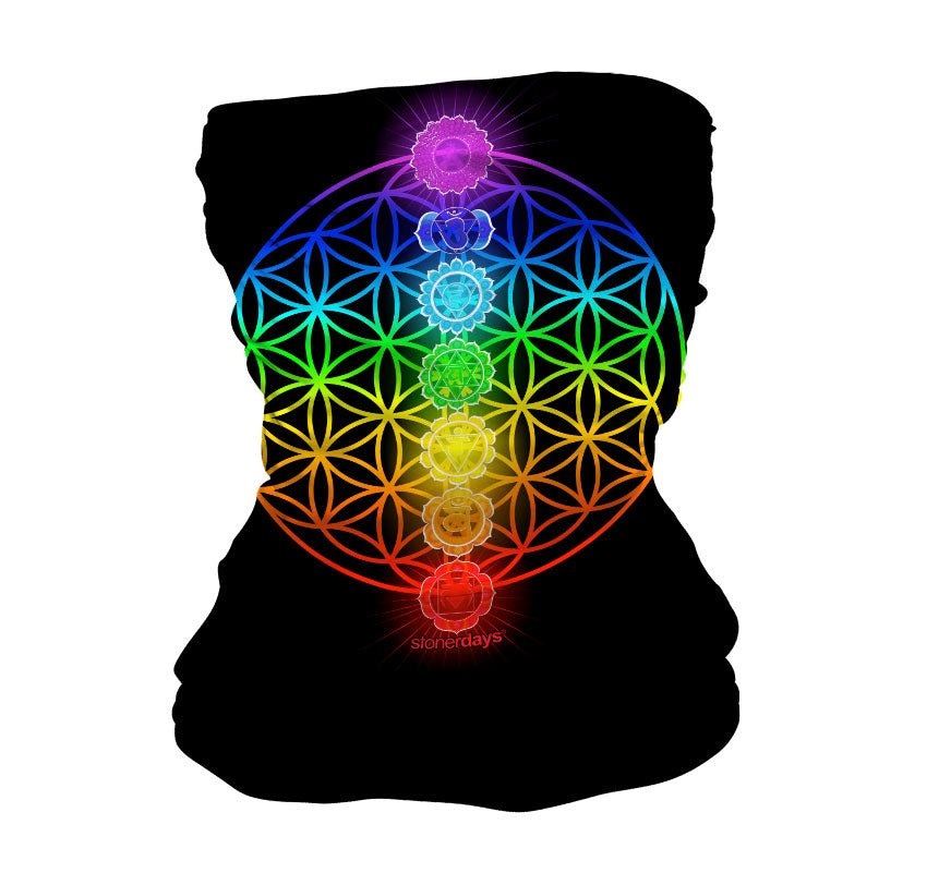 StonerDays UV Reactive 7 Chakras Neck Gaiter with Colorful Design, Front View