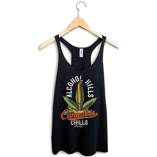 StonerDays Racerback with "Alcohol Kills Cannabis Chills" print, black, sizes S-XL
