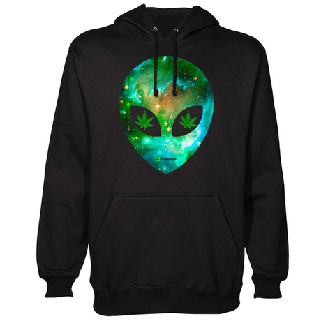 StonerDays Alien Hoodie with cosmic design and cannabis leaves, front view on white background
