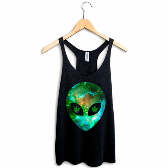 StonerDays Alien Racerback tank top for women, black with cosmic design, sizes S-2XL