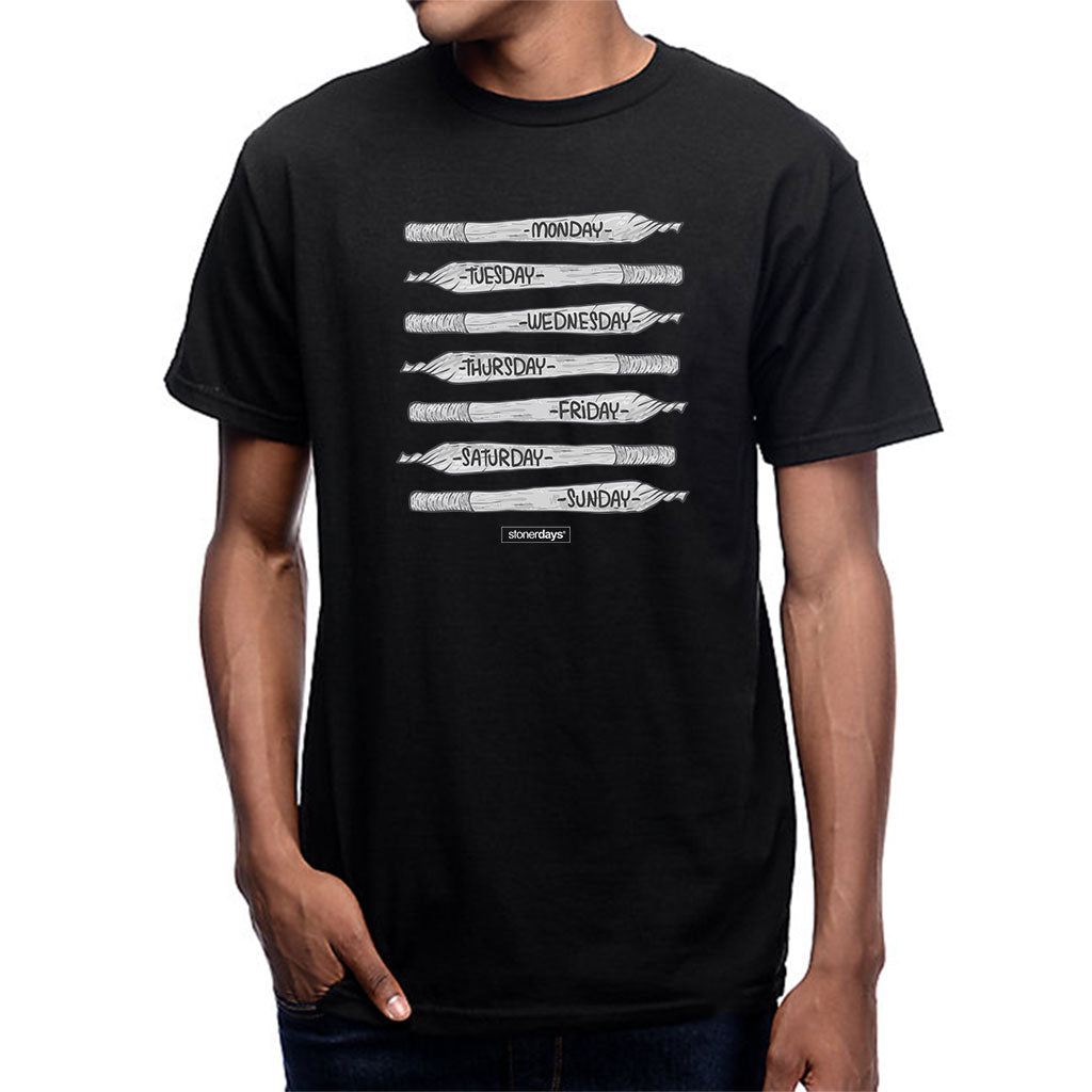 StonerDays All Day Everyday black cotton T-shirt with days of the week design, front view, size S to 3XL
